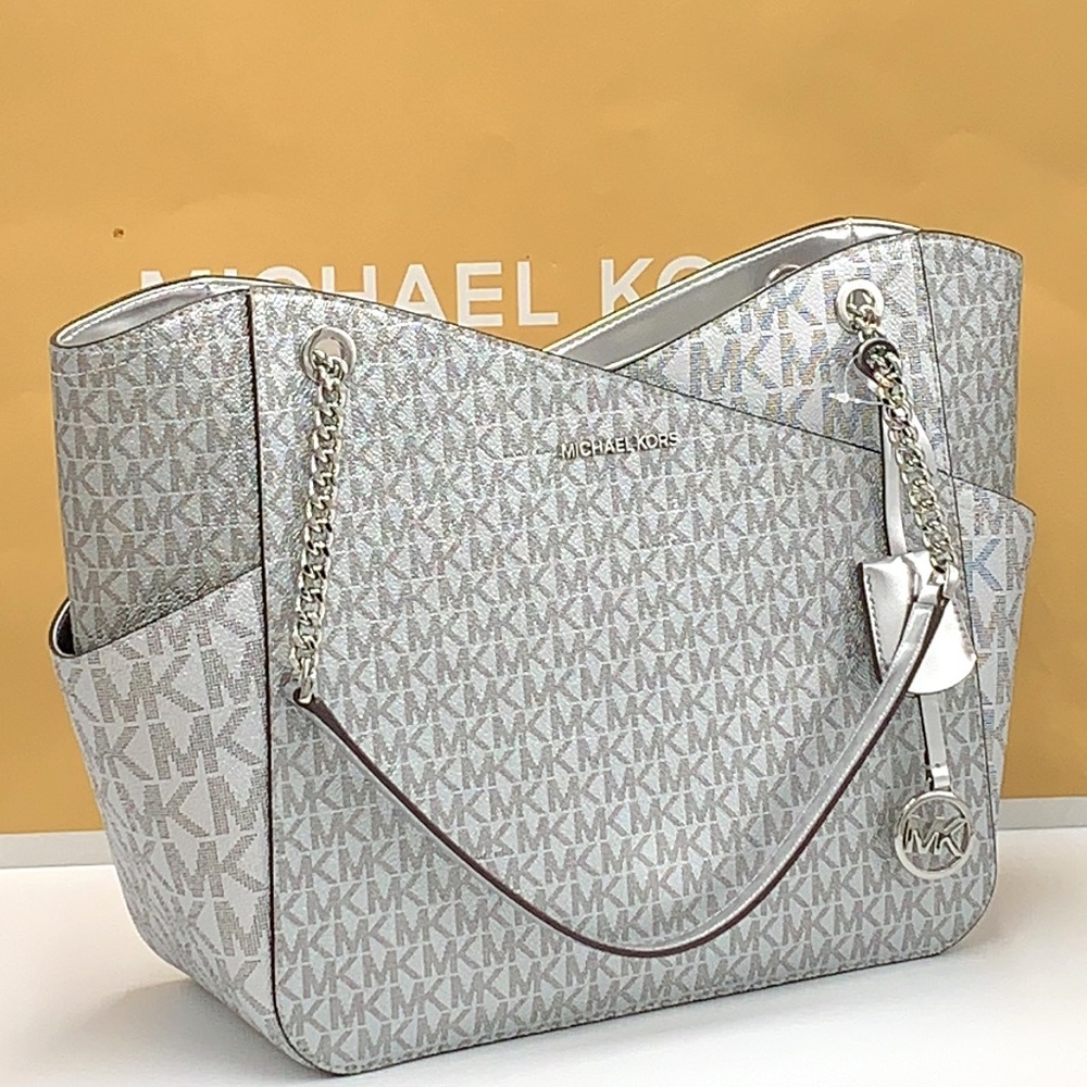 MICHAEL KORS JET SET LARGE X CHAIN SHOULDER TOTE SILVER SIGNATURE COLOR